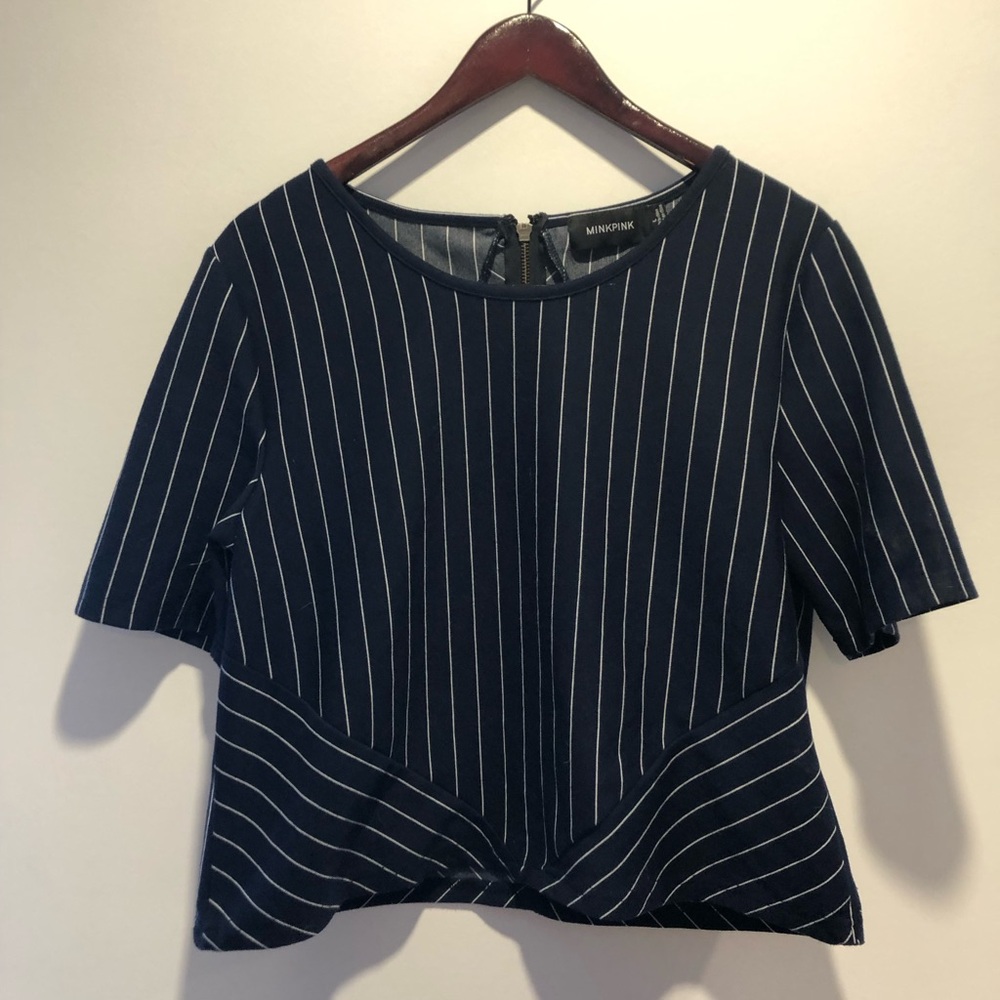 MINKPINK Navy and White Striped Short Sleeve Top
